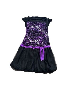 Amy Byer Floral Purple and Black Size 12 Short Sleeve Formal Dress